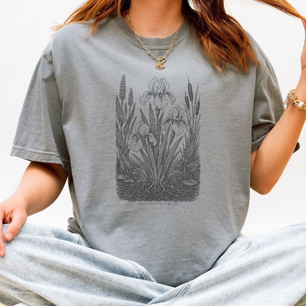 Botanical Iris Graphic Tee Vintage Engraving Style Nature Lover Shirt